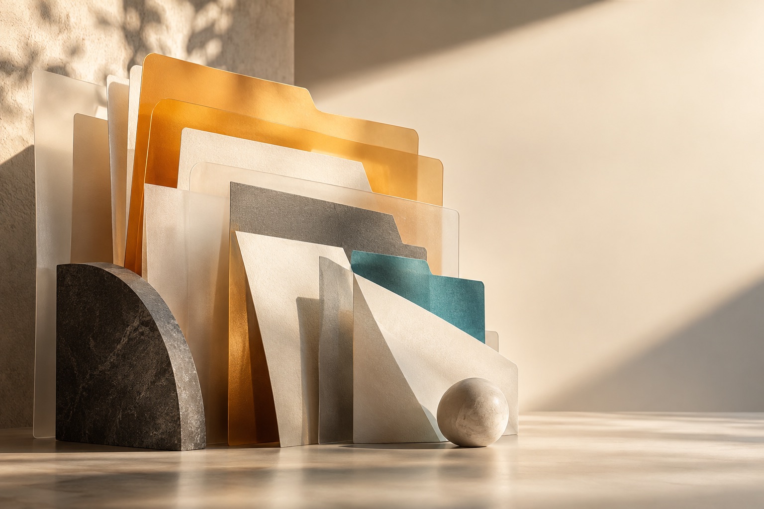 Warm amber paper folders arranged as an abstract editorial composition